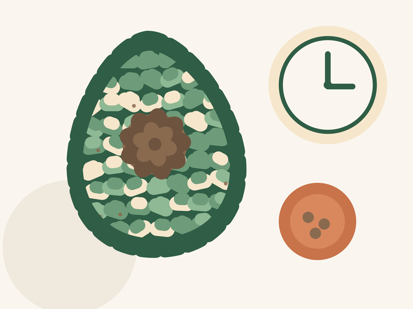 An avocado-shaped snuffle mat next to a clock face and a portion of dry food