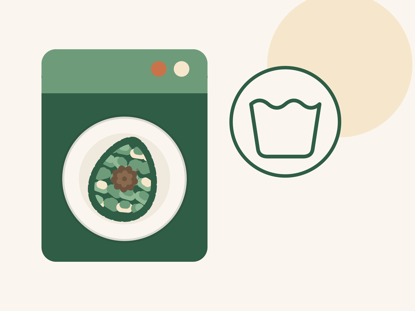 An avocado-shaped snuffle mat inside a washing machine drum beside a machine-wash symbol