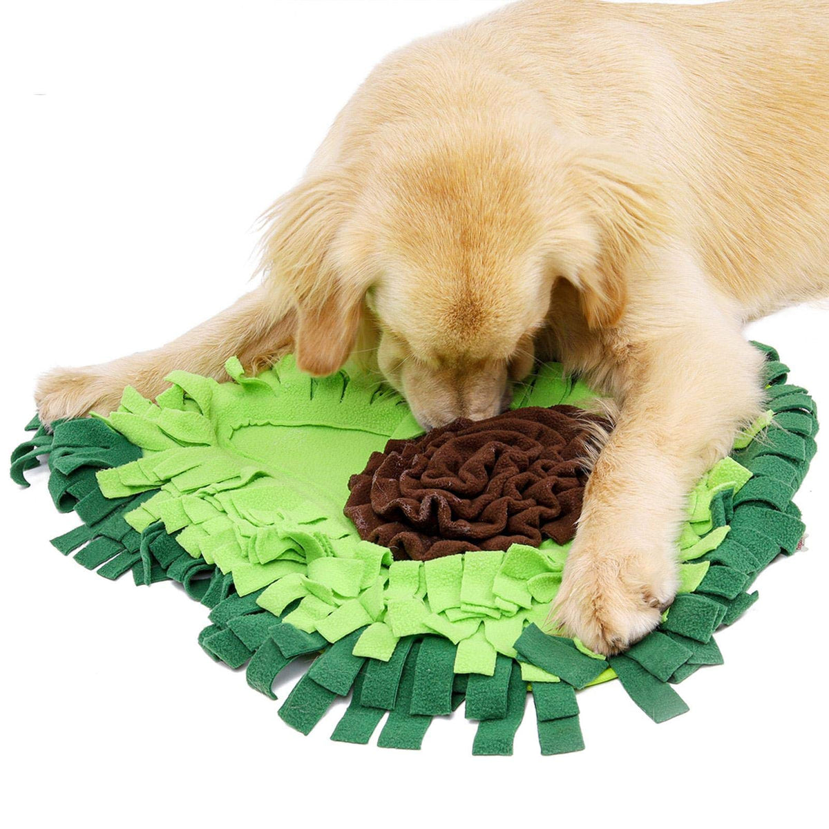 A golden retriever standing over the green avocado snuffle mat with its nose in the brown centre rosette.