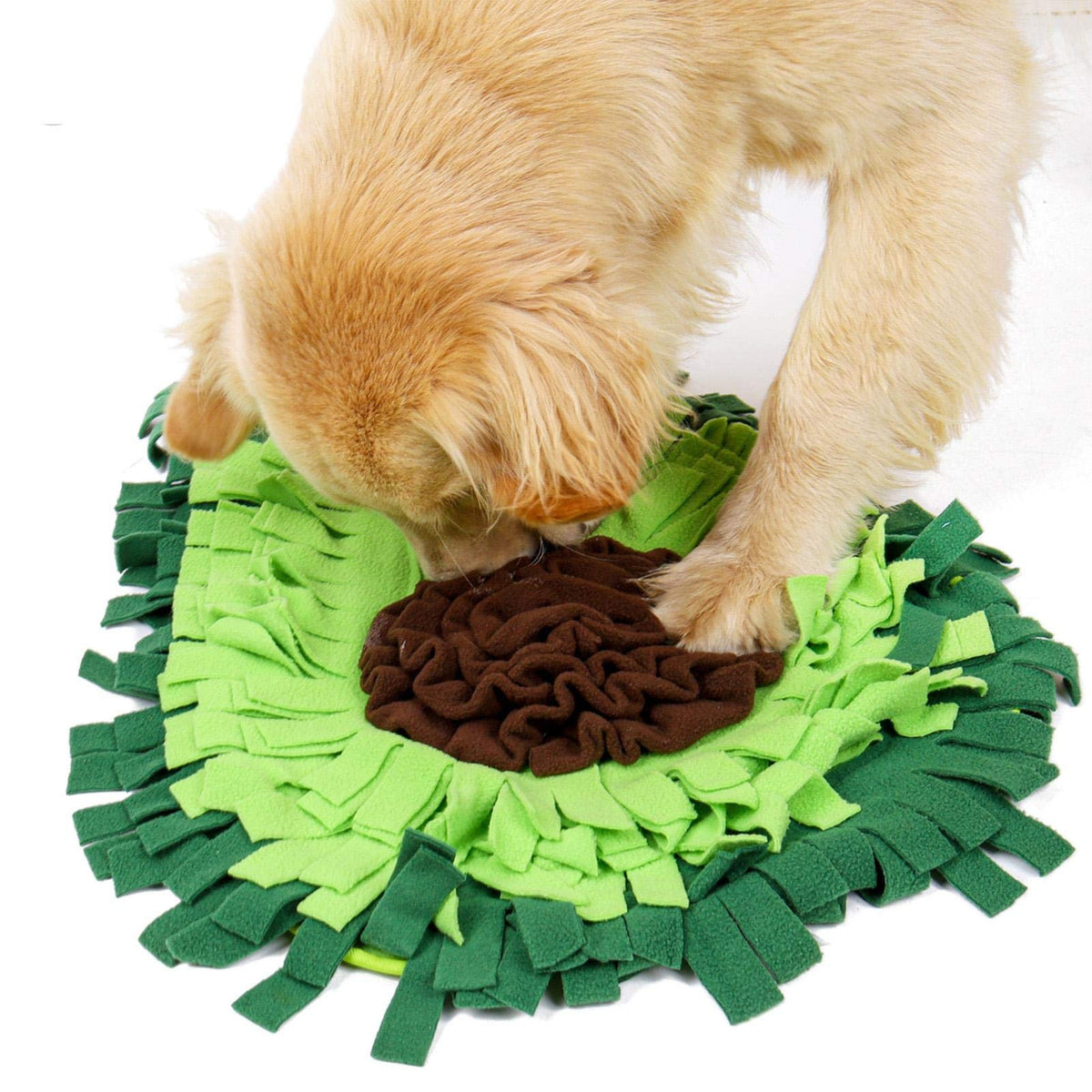 A golden retriever standing with one paw on the green avocado snuffle mat while searching it.